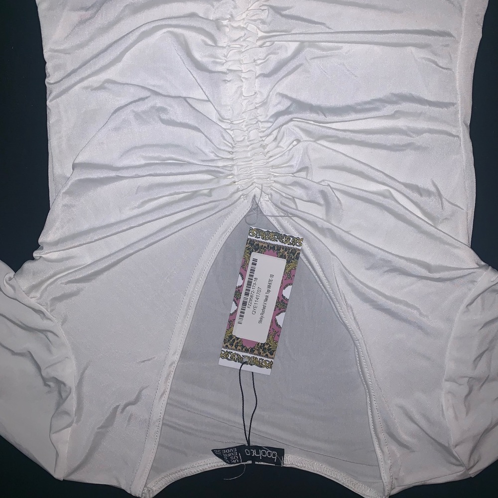 SILKY RUCHED V NECK TOP WHITE